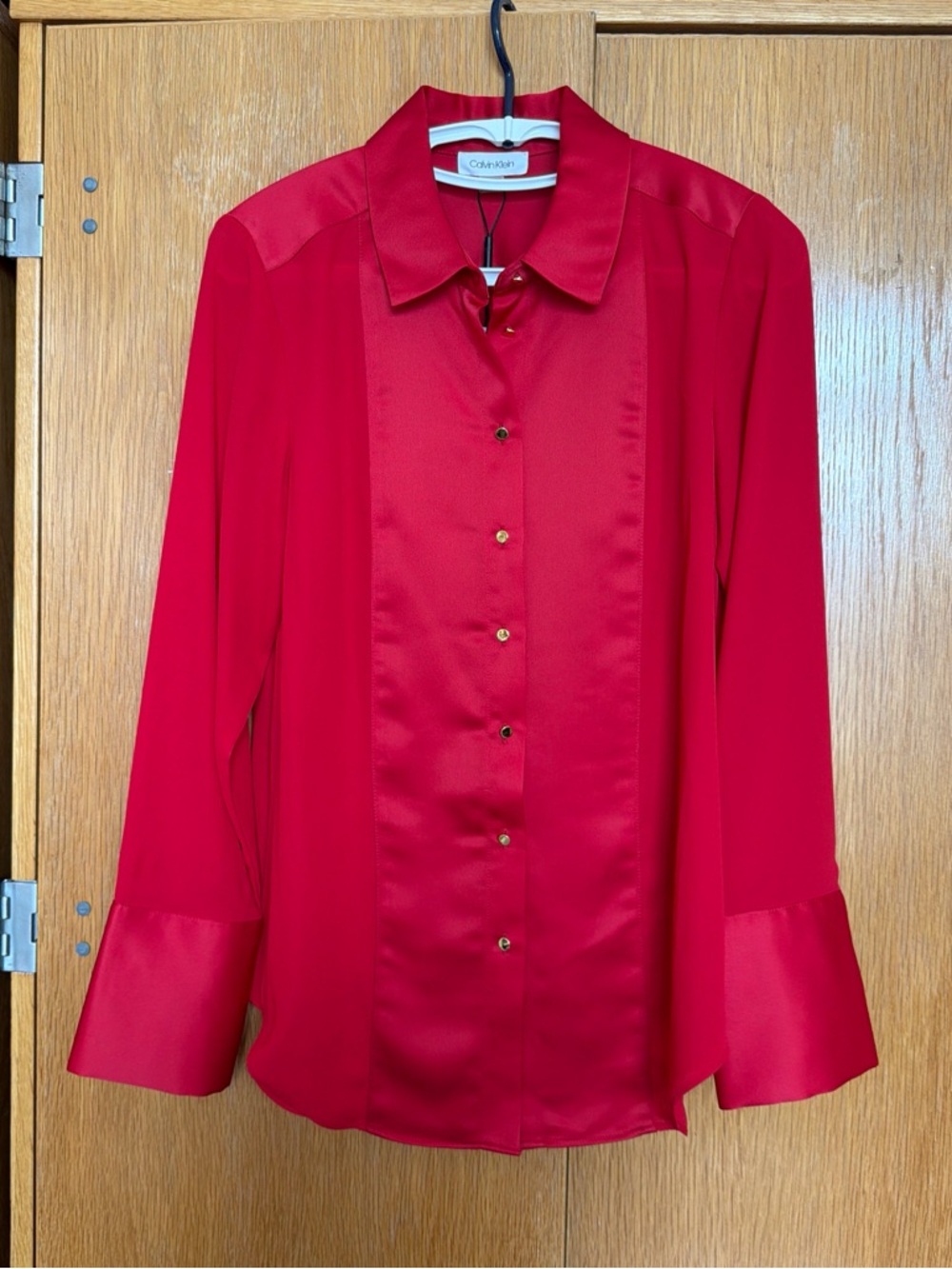 Calvin Klein Red Satin-Panel Button Front Women's Blouse